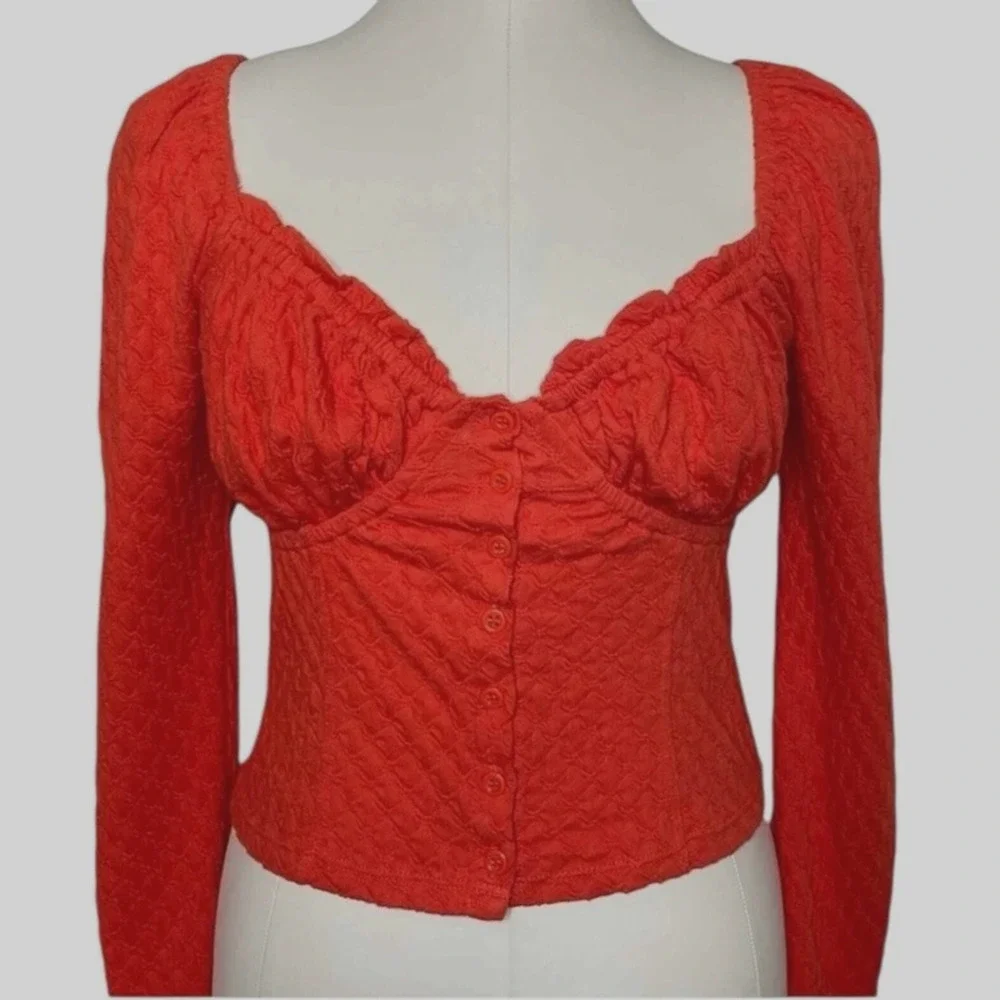 Free People Ladybug Long Sleeve Boho Top S Flambe‎ Red Cropped Puff slv Milkmaid